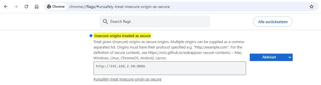 Chrome-Flags mit der Option „Insecure origins treated as secure"