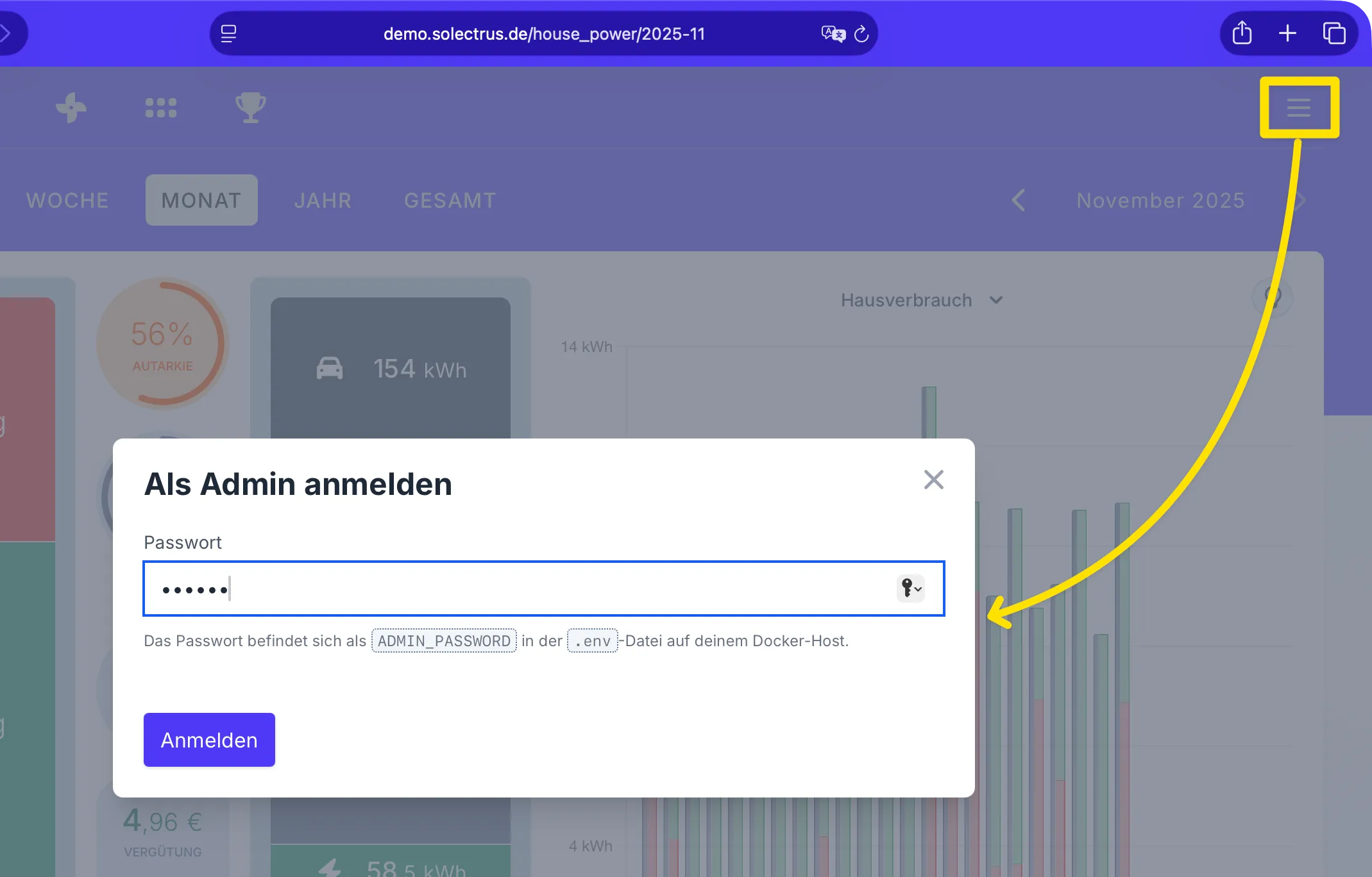 Login-Formular des Dashboards